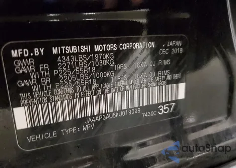 2019 Mitsubishi Outlander Sport Es из США, поврежденный, VIN JA4AP3AU5KU019099